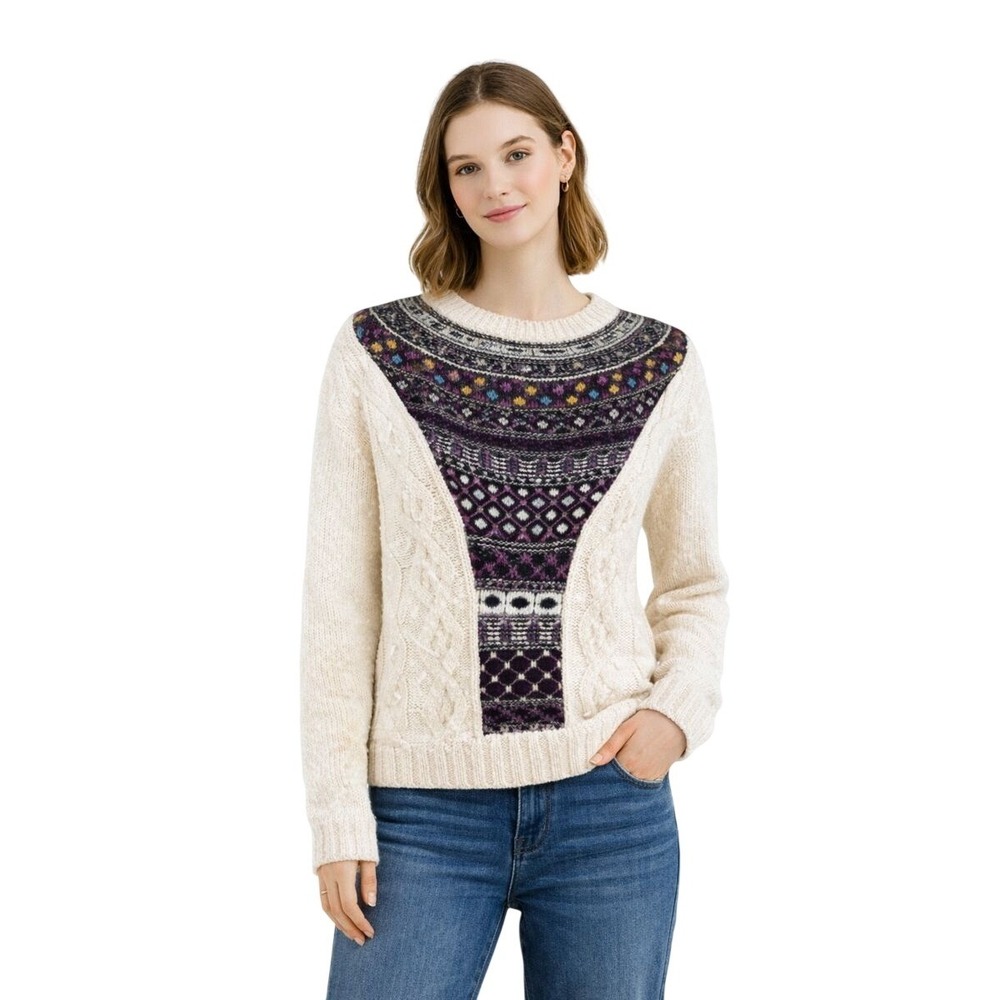 Angel of the North Cream Cable Knit beaded Fair Isle Fisherman Coastal Sweater S